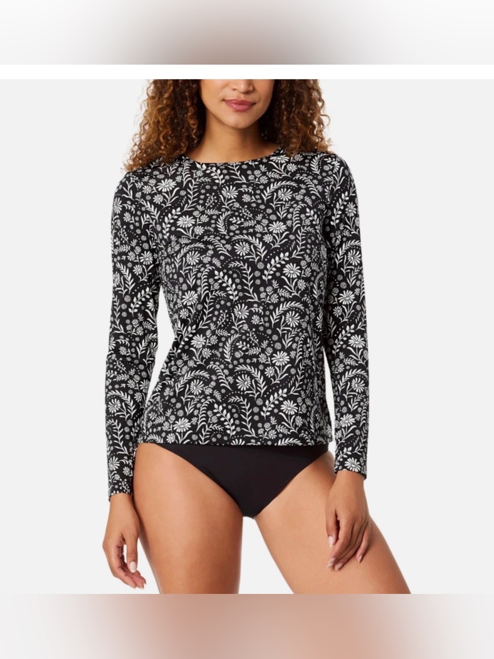 NWT Lands End Women's Black & White Floral Long Sleeve Swim Top size S